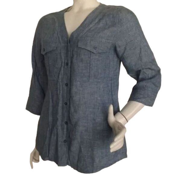 ORVIS Top, M, Chambray Linen, Button front/No collar, 3/4 sleeves, 2 pockets - Picture 3 of 12